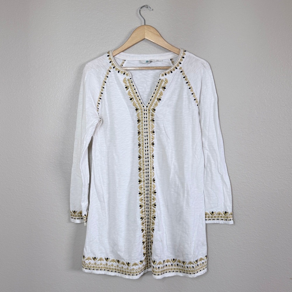 Boden White Gold Embroidered V Neck Long Sleeve Shift Cotton Dress Casual Boho M